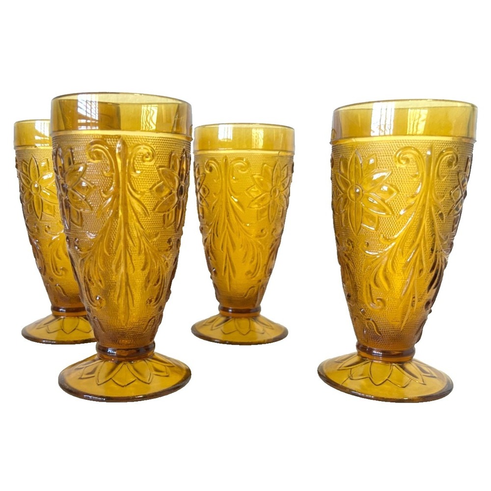 Set 4 Indiana Tiara Pressed Sandwich Amber Footed Ice Tea Glass Tumbler Parfait